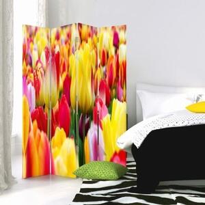 Ozdobný paraván, Pestrobarevné tulipány - 145x170 cm, čtyřdílný, klasický paraván