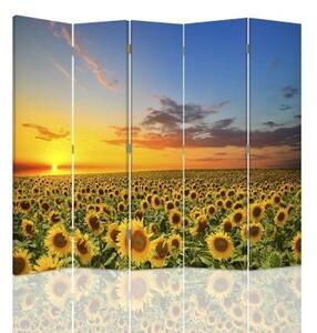 Ozdobný paraván, Krajina se slunečnicemi - 180x170 cm, pětidílný, klasický paraván