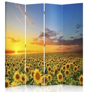 Ozdobný paraván, Krajina se slunečnicemi - 145x170 cm, čtyřdílný, klasický paraván