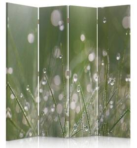 Ozdobný paraván, Kapky rosy na trávě - 145x170 cm, čtyřdílný, klasický paraván