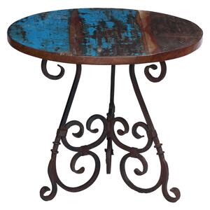 Kulatý stolek z teakového dřeva v "Goa" stylu, kovové nohy, 76x76x65cm
