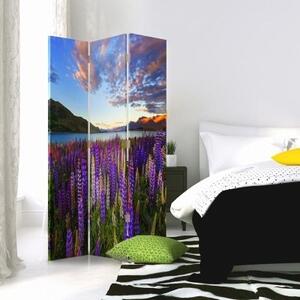 Ozdobný paraván Levandulové jezero Květiny - 110x170 cm, třídílný, klasický paraván