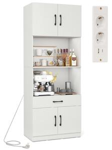 Kuchyňská skříňka COSTWAY 168 cm, bufetová skříňka se 4 dvířky, zásuvkou, pracovní deskou, 2 policemi, nabíjecí stanicí, 1 USB a 1 Type-C, spížní skříňka, bílá