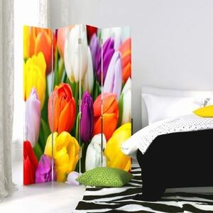 Ozdobný paraván Barevné tulipány Květiny - 145x170 cm, čtyřdílný, klasický paraván