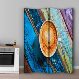 Ozdobný paraván Šálky na kávu Retro Wood - 145x170 cm, čtyřdílný, klasický paraván