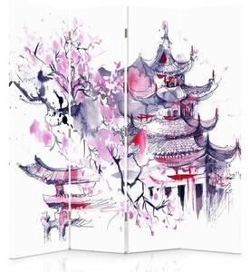 Ozdobný paraván Japonská růžová krajina - 145x170 cm, čtyřdílný, klasický paraván