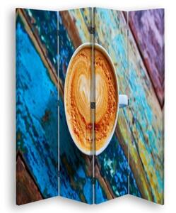 Ozdobný paraván Šálky na kávu Retro Wood - 145x170 cm, čtyřdílný, klasický paraván