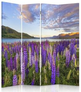 Ozdobný paraván Levandulové jezero Květiny - 145x170 cm, čtyřdílný, klasický paraván