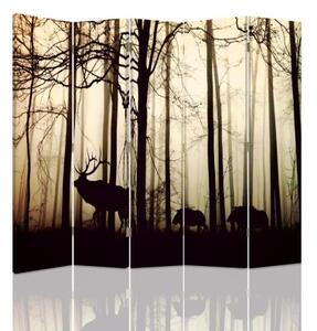Ozdobný paraván Jelen v lese Fog Brown - 180x170 cm, pětidílný, klasický paraván
