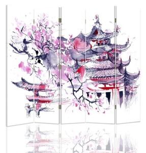 Ozdobný paraván Japonská růžová krajina - 180x170 cm, pětidílný, klasický paraván