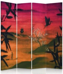 Ozdobný paraván Japonská krajina Červená - 145x170 cm, čtyřdílný, klasický paraván