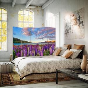 Ozdobný paraván Luční květiny fialové - 180x170 cm, pětidílný, klasický paraván