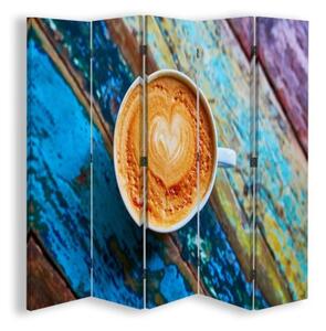Ozdobný paraván Šálky na kávu Retro Wood - 180x170 cm, pětidílný, klasický paraván