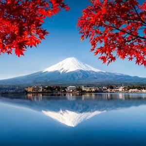 Ozdobný paraván Japonská sopka hora Fudži červená - 145x170 cm, čtyřdílný, klasický paraván