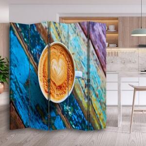 Ozdobný paraván Šálky na kávu Retro Wood - 180x170 cm, pětidílný, klasický paraván