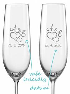 Svatební skleničky na sekt Spojená srdce s monogramy, 2 ks