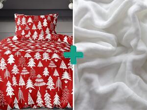 Flanelové povlečení CHRISTMAS TREES červené + prostěradlo mikroplyš SOFT 90x200 cm bílé
