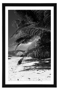 Plakát s paspartou krásy pláže Anse Source v černobílém provedení