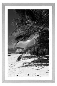 Plakát s paspartou krásy pláže Anse Source v černobílém provedení