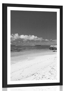 Plakát s paspartou pláž Anse Source v černobílém provedení