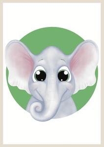 Plakát Slon (21x30cm) A4, Plakát do dětského pokoje, Plakát se zvířátkem, Ručně kreslený obrázek, Plakát na zeď pokojíčku Barva: Zelená