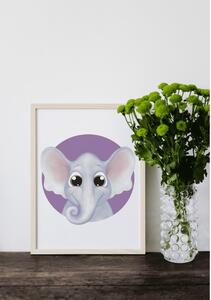 Plakát Slon (21x30cm) A4, Plakát do dětského pokoje, Plakát se zvířátkem, Ručně kreslený obrázek, Plakát na zeď pokojíčku Barva: Fialová
