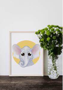 Plakát Slon (21x30cm) A4, Plakát do dětského pokoje, Plakát se zvířátkem, Ručně kreslený obrázek, Plakát na zeď pokojíčku Barva: Žlutá