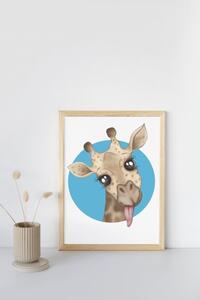 Plakát Žirafa (21x30cm) A4, Plakát do dětského pokoje, Plakát se zvířátkem, Ručně kreslený obrázek, Plakát na zeď pokojíčku Barva: Světle modrá