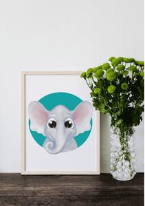 Plakát Slon (21x30cm) A4, Plakát do dětského pokoje, Plakát se zvířátkem, Ručně kreslený obrázek, Plakát na zeď pokojíčku Barva: Tyrkysová