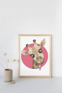 Plakát Žirafa (21x30cm) A4, Plakát do dětského pokoje, Plakát se zvířátkem, Ručně kreslený obrázek, Plakát na zeď pokojíčku Barva: Růžová