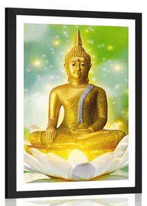 Plakát s paspartou zlatý Buddha na lotosovém květu