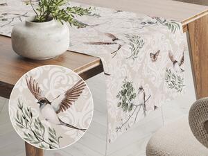 Biante Bavlněný běhoun na stůl Sandra SA-490 Vlaštovky s motýlky na béžovém ornamentu 45x140 cm