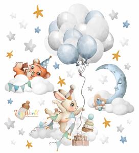 Dětská nálepka na zeď Tiny world - zajíček s balony a tygřík na obláčku