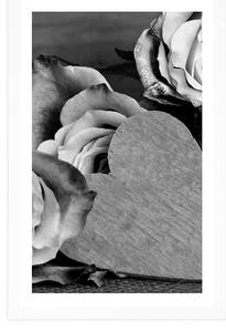 Plakát s paspartou valentýnské růže v černobílém provedení