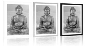 Plakát s paspartou socha Buddhy v meditující poloze v černobílém provedení
