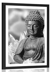 Plakát s paspartou klidný Buddha v černobílém provedení