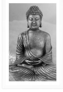 Plakát s paspartou socha Buddhy v meditující poloze v černobílém provedení