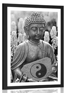 Plakát s papsartou jin a jang Buddha v černobílém provedení
