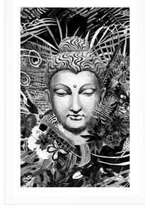 Plakát s paspartou Buddha na exotickém pozadí v černobílém provedení