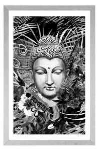 Plakát s paspartou Buddha na exotickém pozadí v černobílém provedení