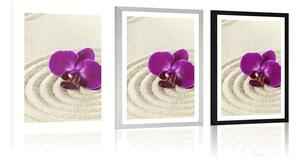 Plakát s paspartou písčitá Zen zahrada s fialovou orchidejí