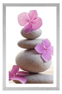 Plakát s paspartou balancí kamenů a růžové orientální květiny - 40x60 silver