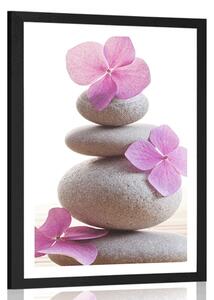 Plakát s paspartou balancí kamenů a růžové orientální květiny - 40x60 silver