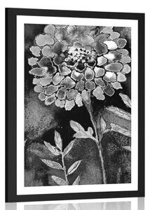 Plakát s paspartou nádherné květiny v černobílém provedení