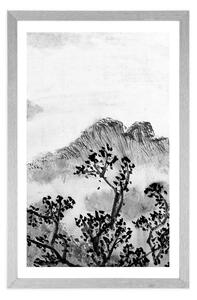Plakát s paspartou tradiční čínská malba země v černobílém provedení