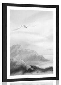 Plakát s paspartou přelet ptáků přes krajinku v černobílém provedení