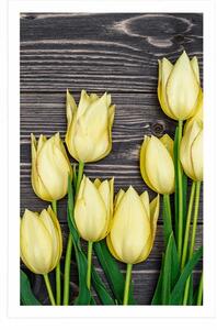 Plakát žluté tulipány na dřevěném podkladu