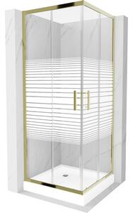 Mexen Rio, čtvercový sprchový kout s posuvnými dveřmi 70 (dveře) x 70 (dveře) x 190 cm, 5mm čiré sklo s pásky, zlatý profil + bílá sprchová vanička R…