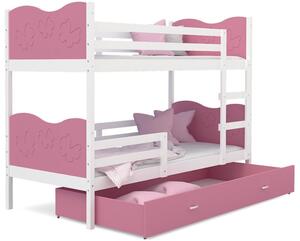 Dětská patrová postel se šuplíkem MAX R - 200x90 cm - růžovo-bílá - motýlci