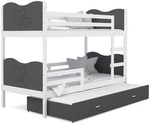 Dětská patrová postel s přistýlkou MAX Q - 200x90 cm - šedo-bílá - srdíčka